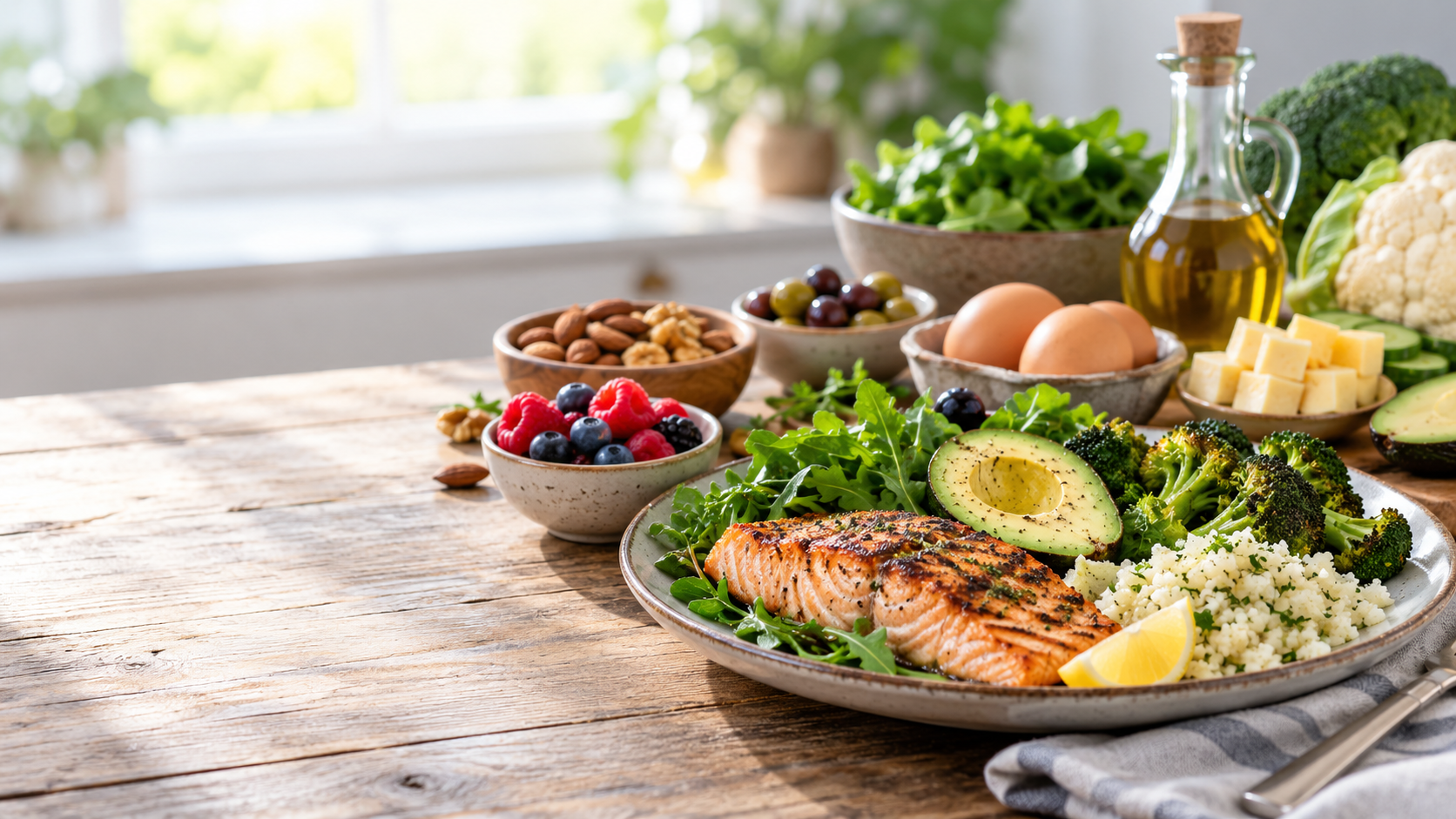 Keto grocery ingredients including salmon, avocado, eggs, greens and cheese